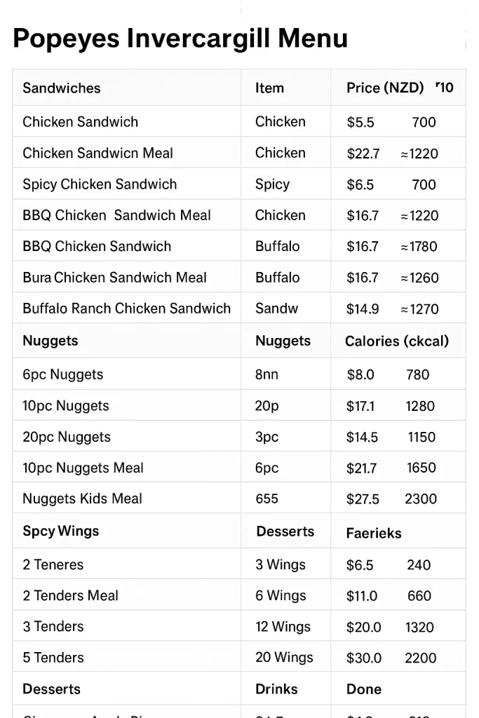 Popeyes Invercargill Menu with prices